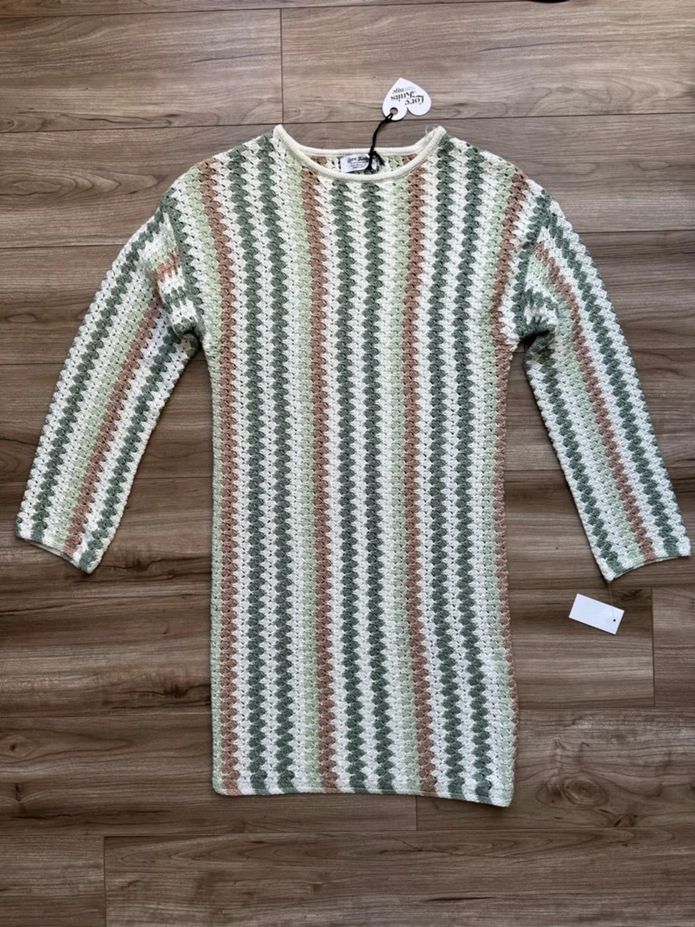 Love Knits NYC Crochet Knit Mini Dress XXS Long Sleeve Striped white green brown - Picture 8 of 10